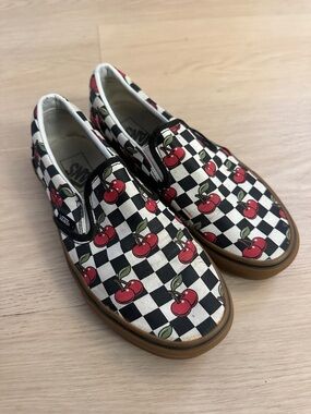 Vans Checkerboard Slip-On Sneakers with Red Cherry Print